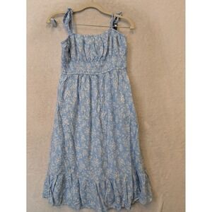 RSO Blue Floral Smocked Midi Dress Womens Medium Tie Strap Ruffle Hem Pockets
